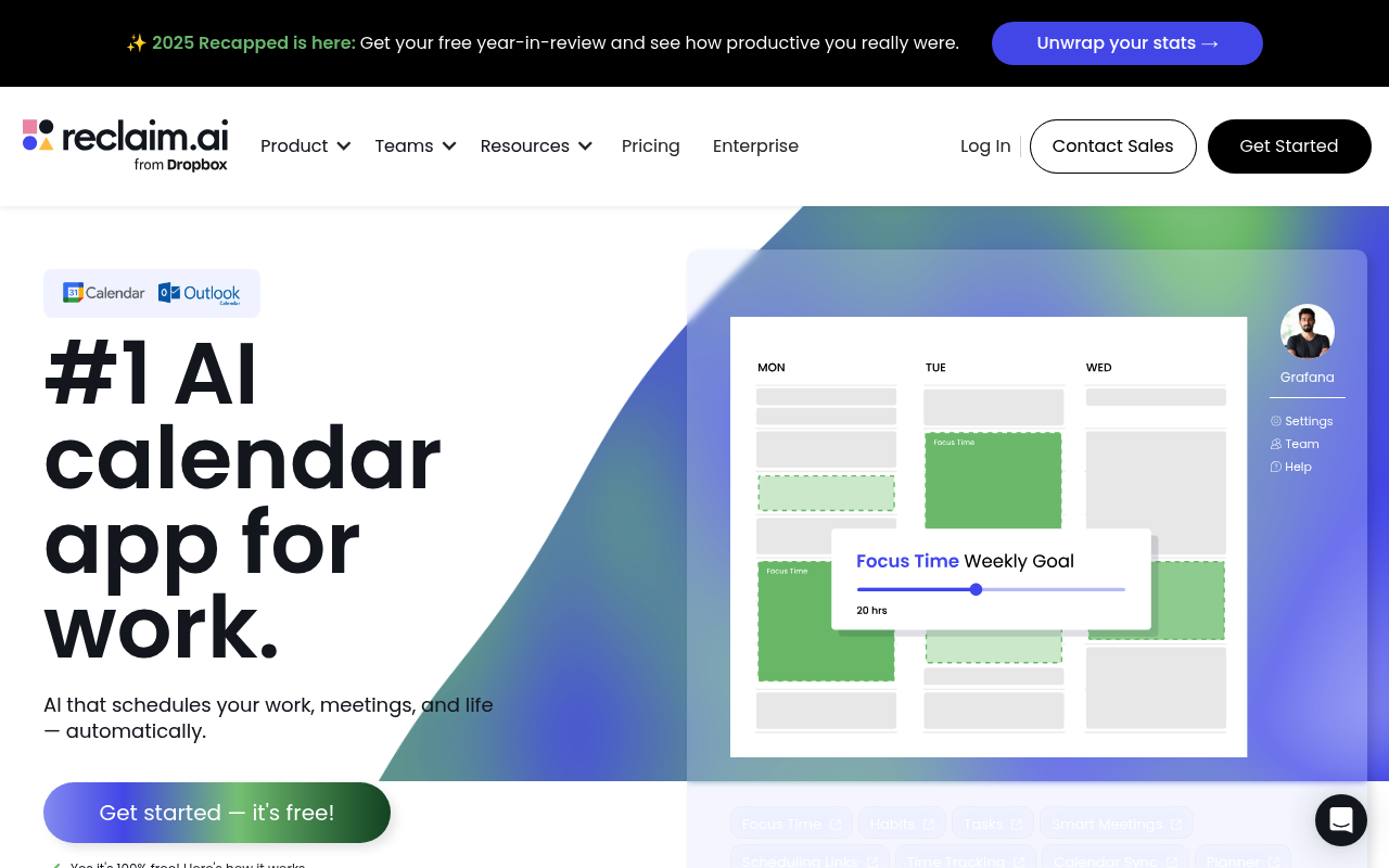 Reclaim.ai interface screenshot showing the main dashboard