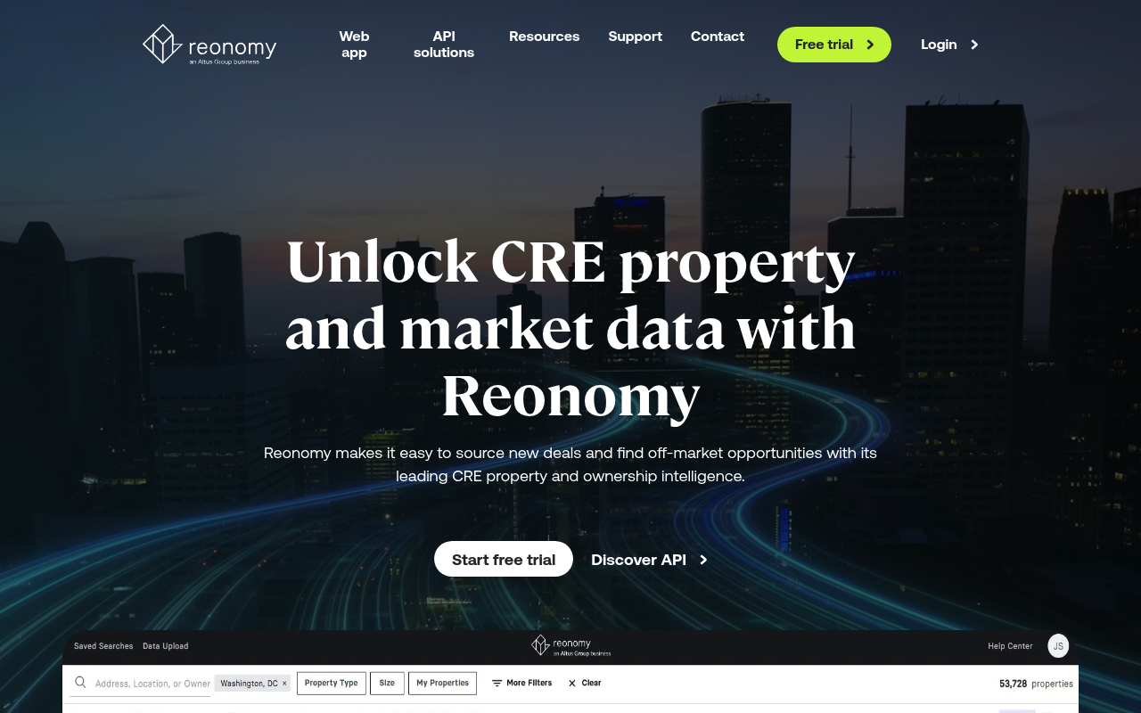 Reonomy interface screenshot showing the main dashboard