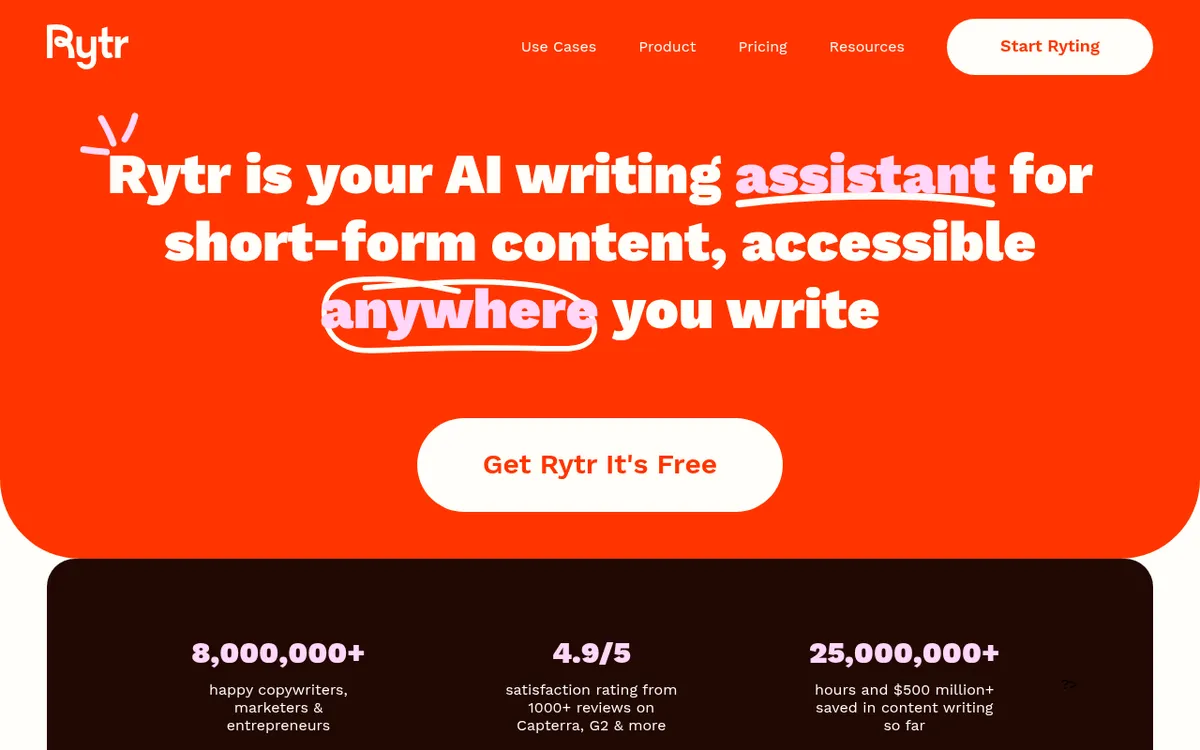 Screenshot of Rytr - Rytr is an affordable AI writing tool that generates content across 20+ tones and 30+ languages with