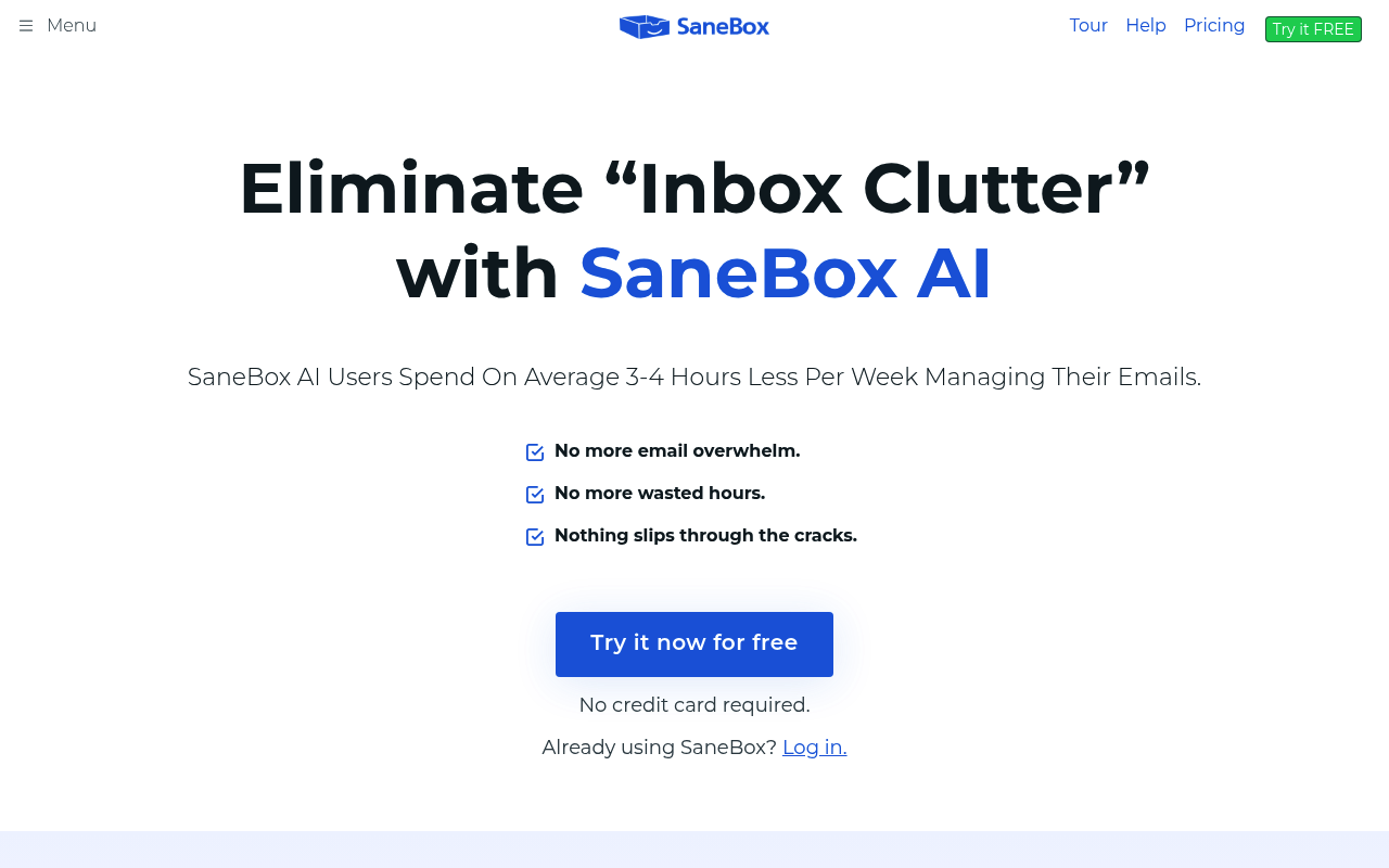 SaneBox interface screenshot showing the main dashboard