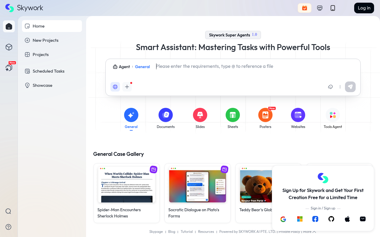 Skywork AI interface screenshot showing the main dashboard