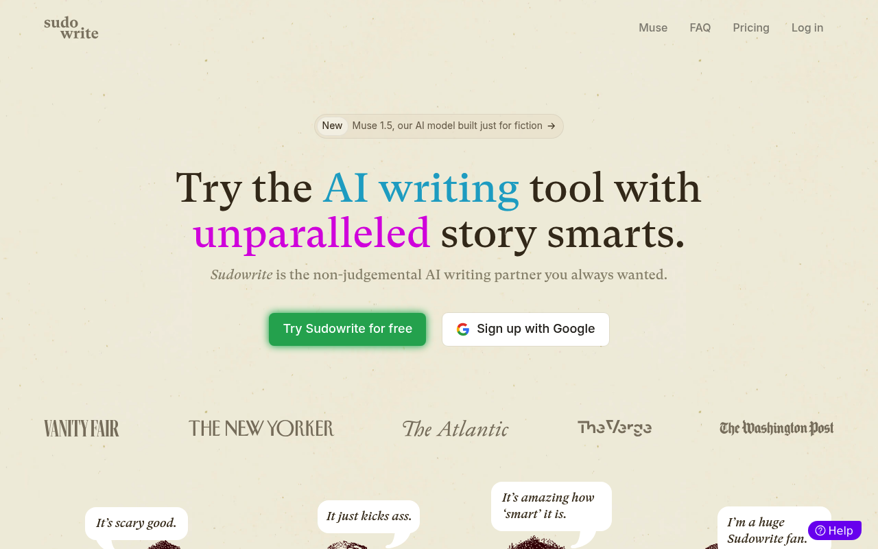 Sudowrite interface screenshot showing the main dashboard