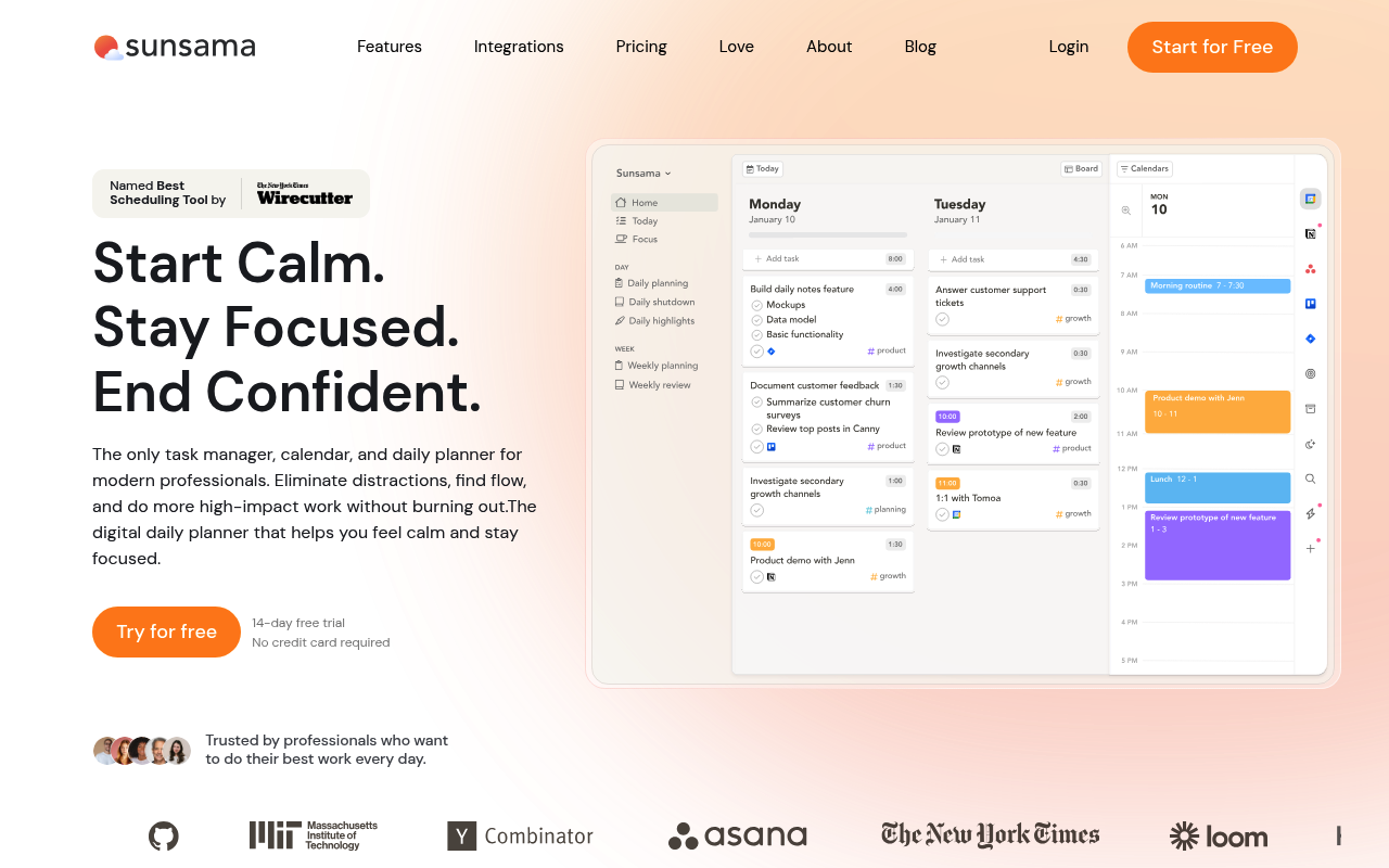 Sunsama interface screenshot showing the main dashboard
