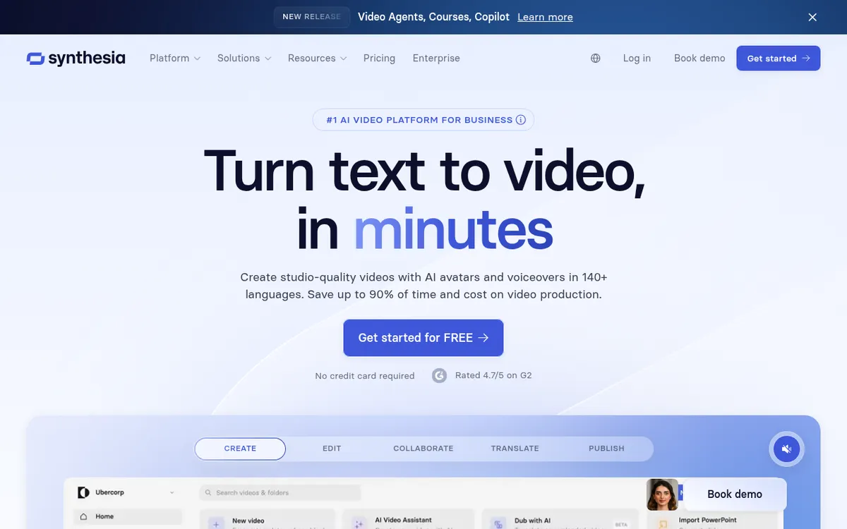 Screenshot of Synthesia - Create professional AI videos with realistic avatars in 140+ languages. Transform text into engaging