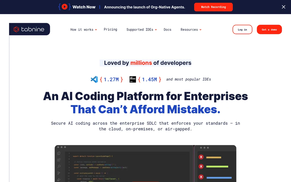 Screenshot of Tabnine - Accelerate coding with Tabnine's AI assistant that prioritizes privacy and security. Features local 