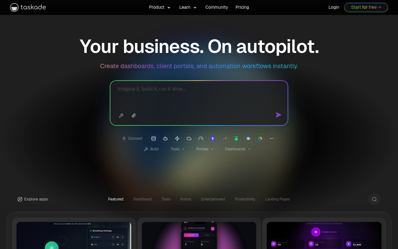 Taskade interface screenshot showing the main dashboard