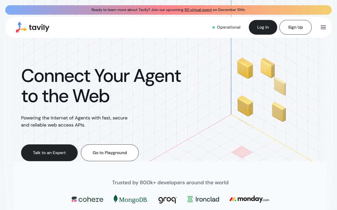 Tavily interface screenshot showing the main dashboard