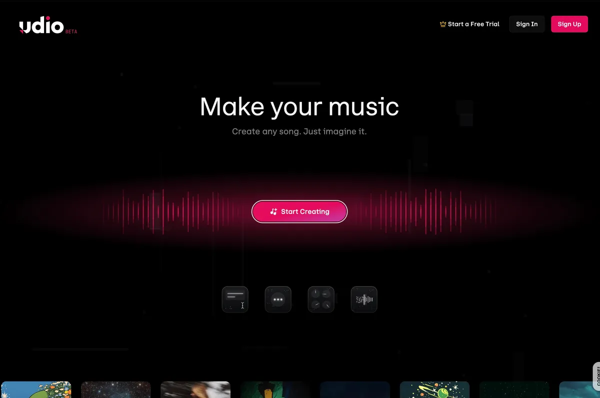 Screenshot of Udio - Generate high-quality AI music with realistic vocals from text prompts. Udio transforms ideas into c