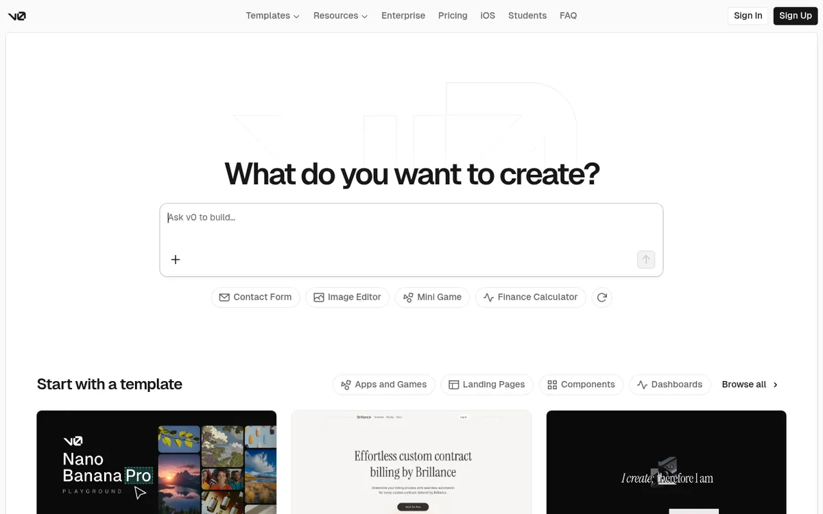 Screenshot of v0 - AI-powered front-end builder that generates React components from natural language descriptions for 