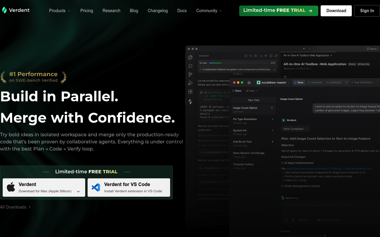 Verdent AI interface screenshot showing the main dashboard