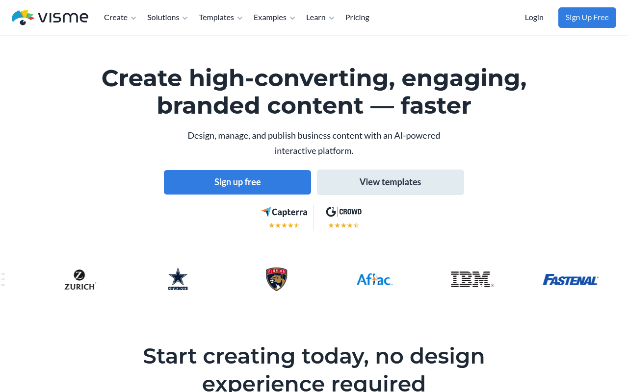 Visme interface screenshot showing the main dashboard