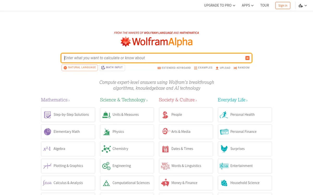 Screenshot of Wolfram Alpha - Compute answers to complex mathematical, scientific, and factual queries using Wolfram Alpha's compu