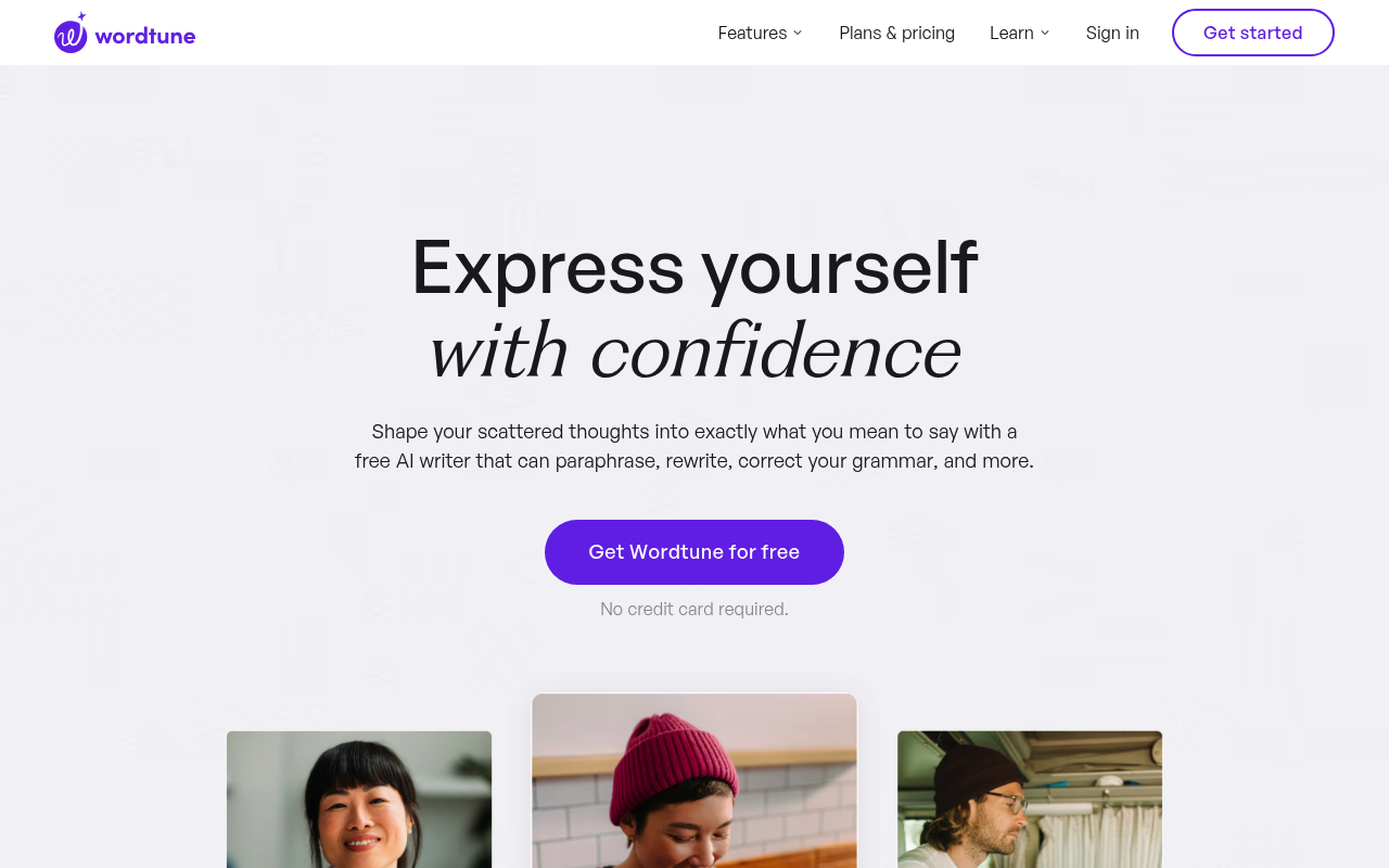 Wordtune interface screenshot showing the main dashboard
