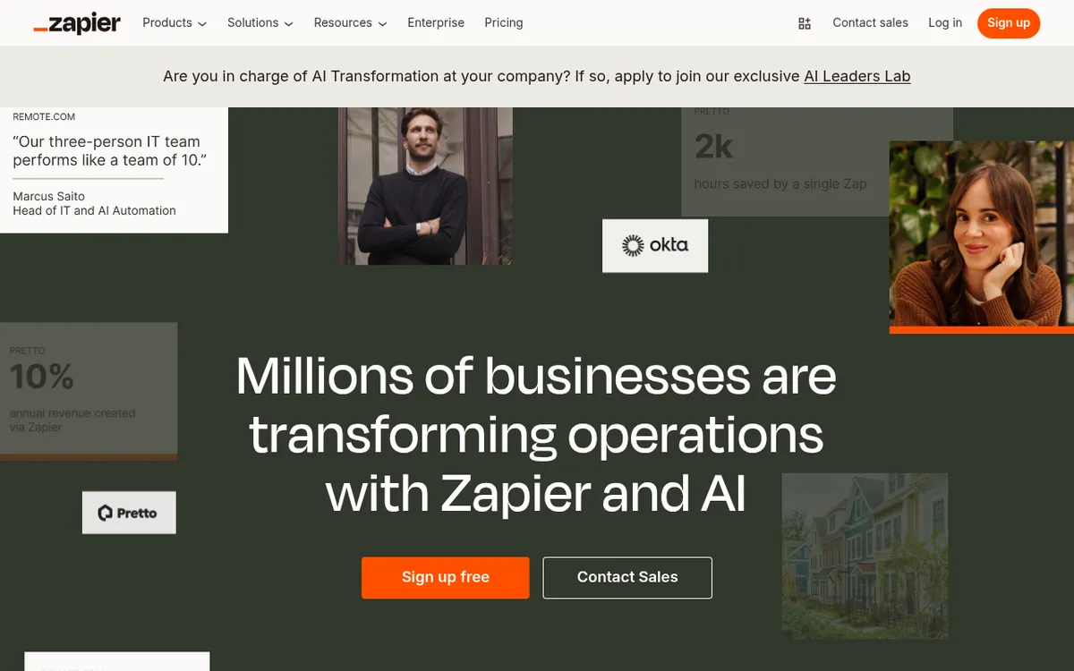 Screenshot of Zapier AI - Build AI-powered automations and chatbots with Zapier AI. Connect 7,000+ apps using natural language