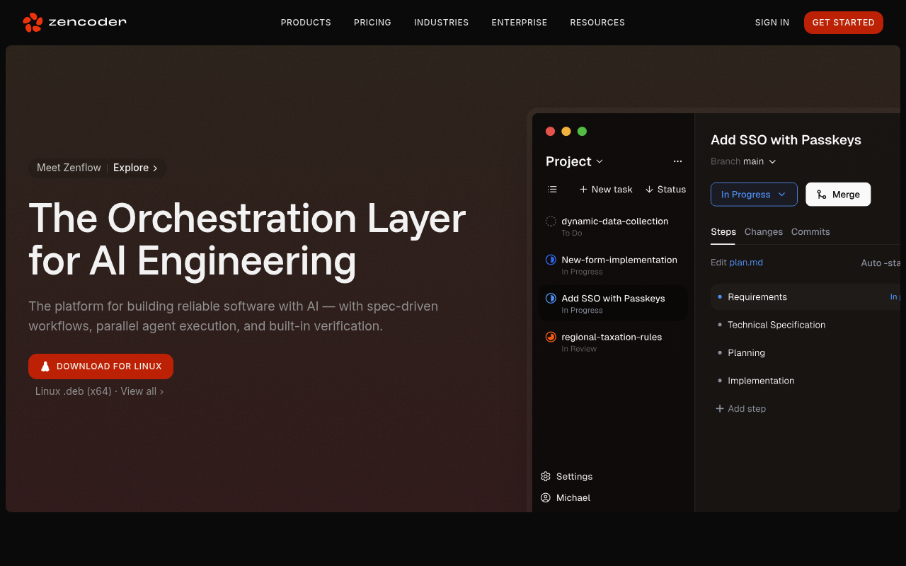 Zencoder interface screenshot showing the main dashboard